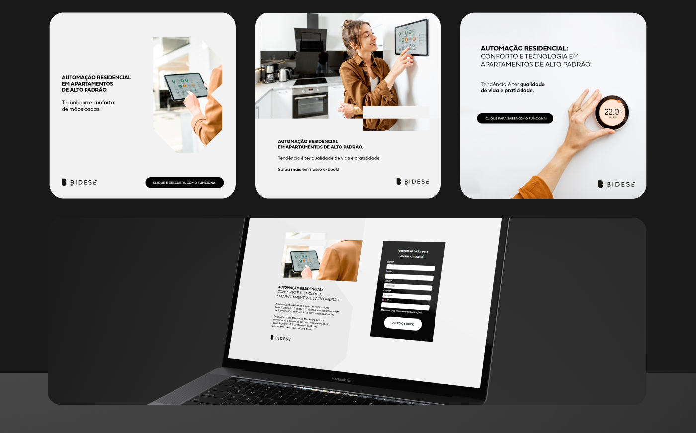 Mockups dos posts e da landing page do e-book da Bidese | Mockups of the Bidese e-book social posts and landing page
