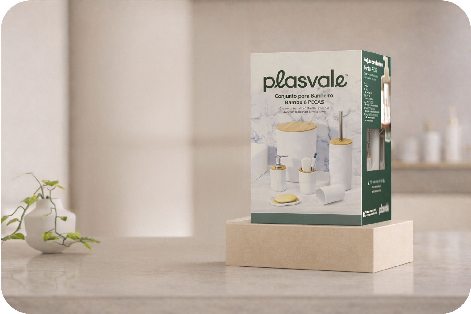 Embalagem do conjunto de banheiro Plasvale com janela transparente | Plasvale bathroom set packaging with a transparent window