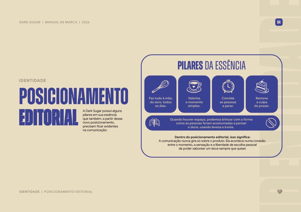 Brand book page on editorial positioning and the pillars of the Dark Sugar essence