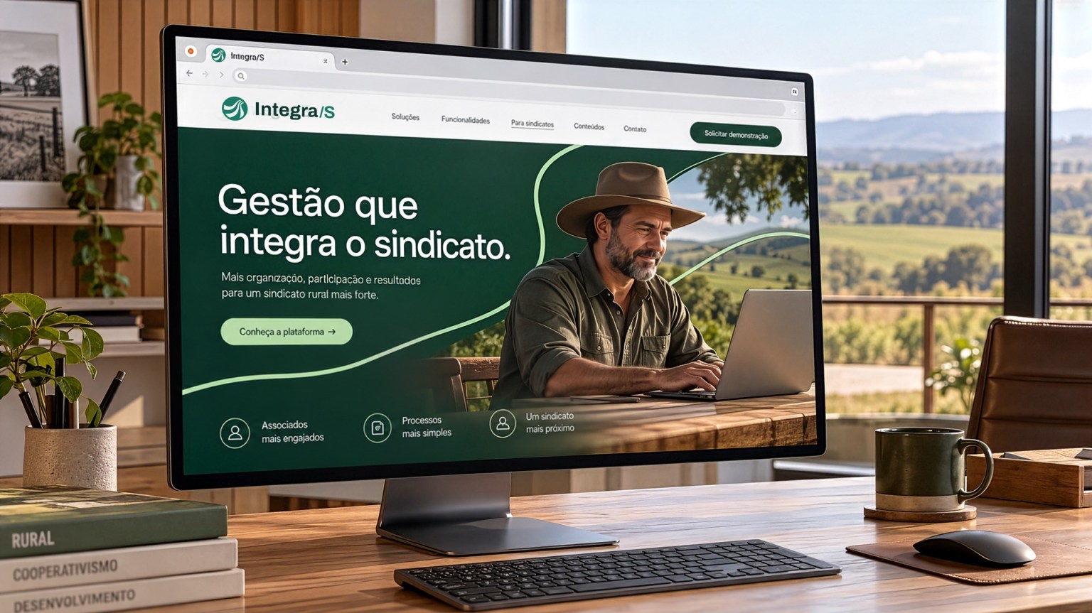 Site da Integra/S em um monitor, com a chamada Gestão que integra o sindicato e um produtor rural usando o notebook