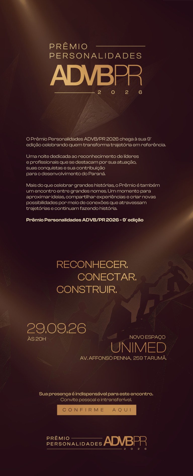 Convite por e-mail do Prêmio Personalidades ADVB/PR 2026 com texto de apresentação, data, local e botão de confirmação